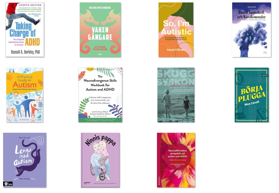 Collage av olika bokomslag inom olika genrer.