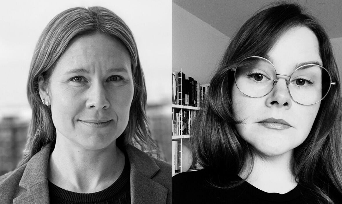 Svartvita porträtt av två personer, en med kort hår och en med glasögon.