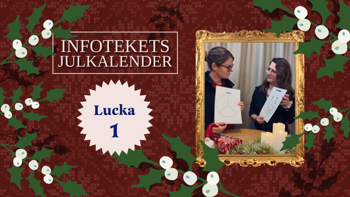 Två kvinnor diskuterar diagram i ett juldekorerat rum, Lucka 1 i Infotekets julkalender.