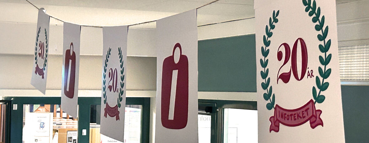 Dekorativa banderoller med Infoteket 20 år upphängda i ett ljust rum.