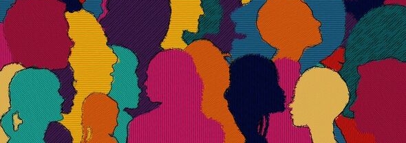 Silhuetter av människor och deras ansikten i olika färger som rosa, blått, lila och gult.
