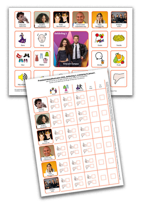 Exempel på bildstödskort och schema med fotografier av personer och symboler för dagliga aktiviteter.