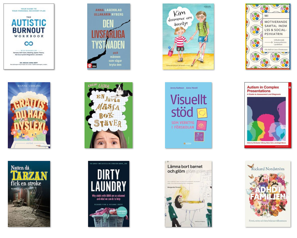 Collage av olika bokomslag inom olika genrer.