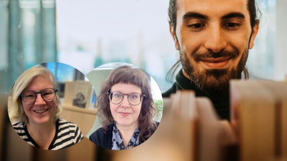 Person som bläddrar bland böcker i en hylla, med två cirkulära porträtt av kvinnor i förgrunden.