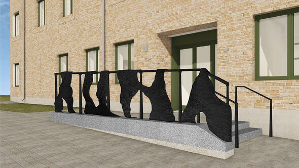 Entré till tegelbyggnad med ramp och svart, skulpterat smidesräcke i organiska former