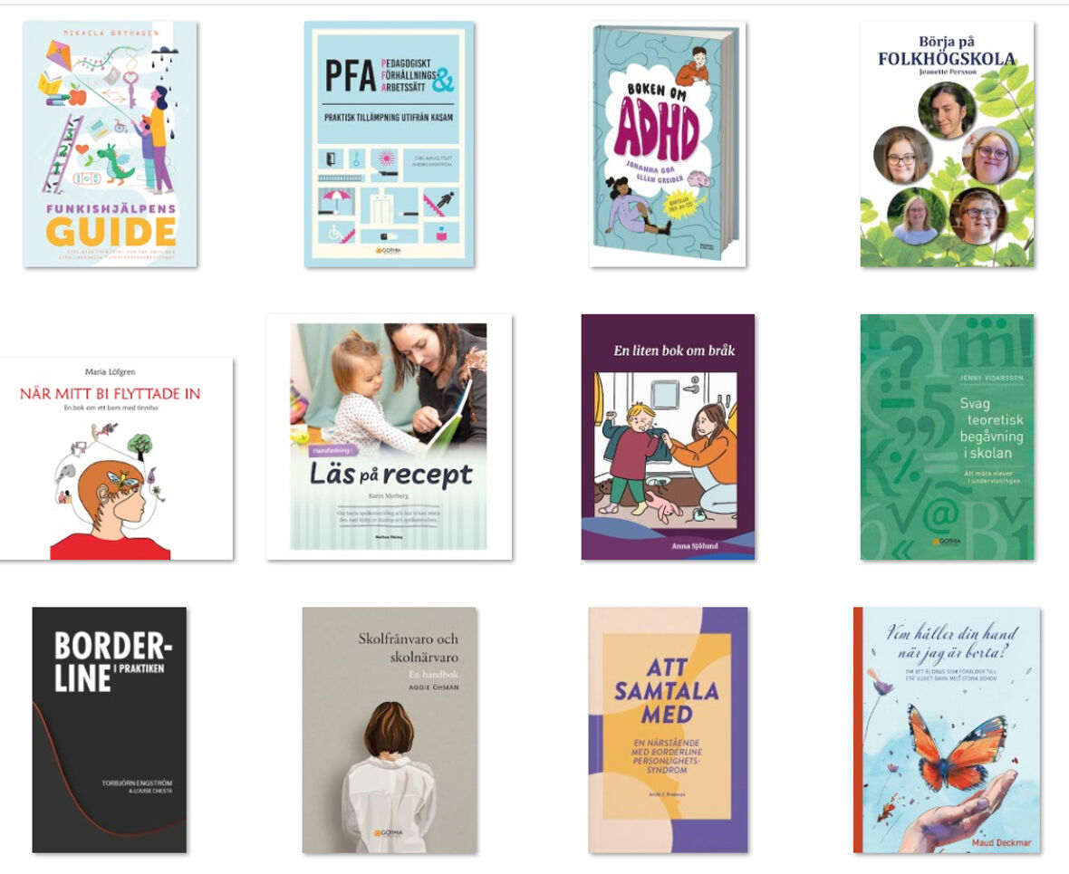 Collage av olika bokomslag inom olika genrer.