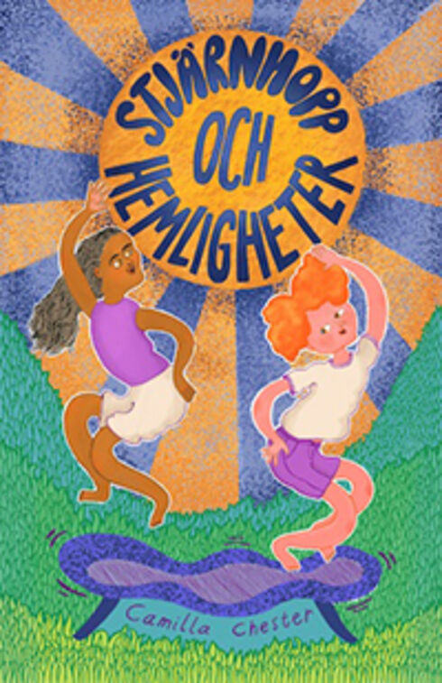 Illustration av två unga personer som hoppar på en studsmatta under en sol med texten "Stjärnhopp och hemligheter".