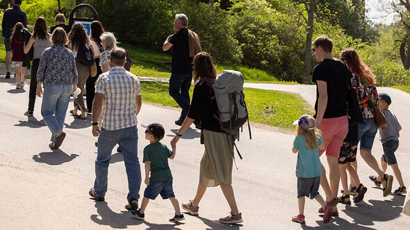 Flera familjer och andra personer promenerar tillsammans på en solig parkväg