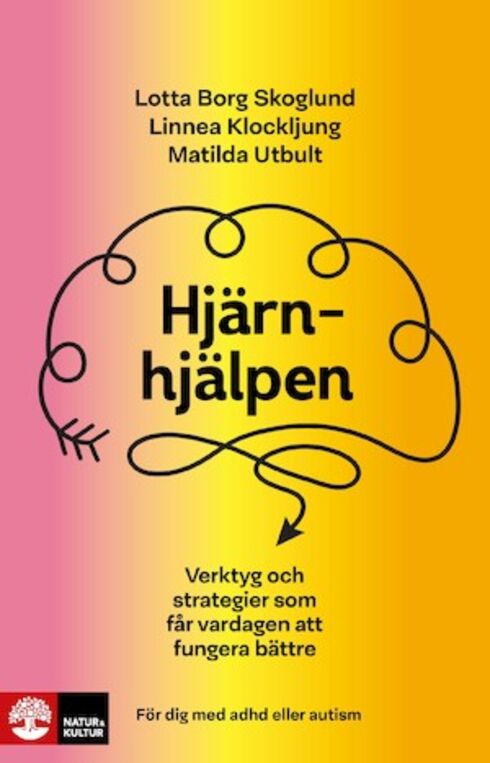 Bokomslag med rosa–gul gradient, titel "Hjärnhjälpen", linjetecknad hjärna och undertitel om verktyg för vardagen vid ADHD eller autism.