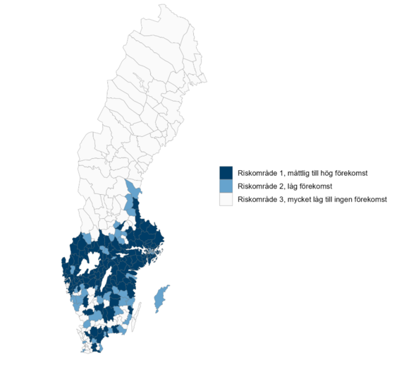 Bild från Folkhälsomyndigheten över riskområden för TBE i Sverige.