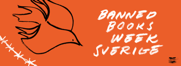 Banned Books Week Sverige logotyp med illustrerad fågel och taggtråd mot orange bakgrund.