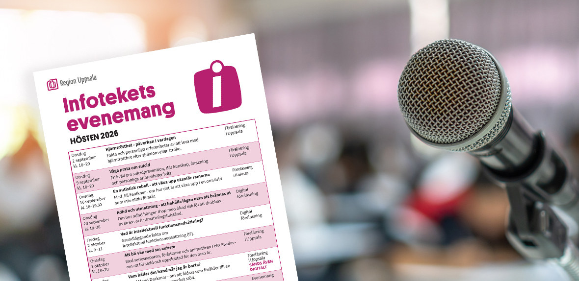 Närbild av mikrofon med informationsblad om Infotekets evenemang hösten 2026 i bakgrunden.