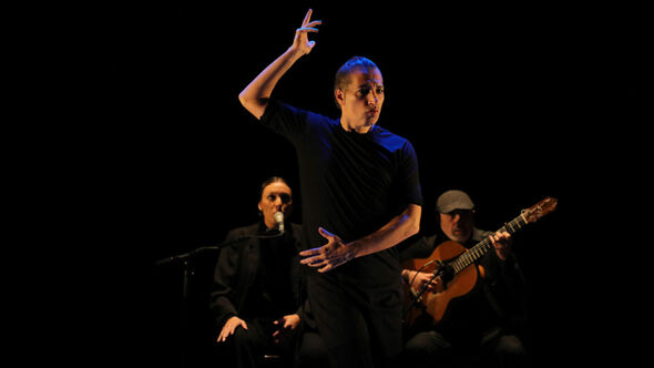 Flamencodansare i svart under stark scenbelysning, med sångare och gitarrist i bakgrunden