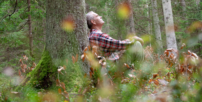 Man sitter avslappnad lutad mot träd i skogen. Foto: @ Camilla Zilo