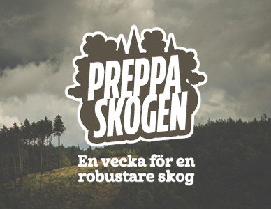 Logotypen "Preppa Skogen" över en dimmig barrskog med texten "En vecka för en robustare skog".