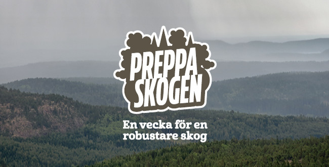 Skoglandskap med Preppa Skogen-logotyp och texten "En vecka för en robustare skog"