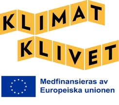 Grafik med texten "Klimatklivet" på kubformade block och EU-symbolen följt av texten "Medfinansieras av Europeiska unionen".