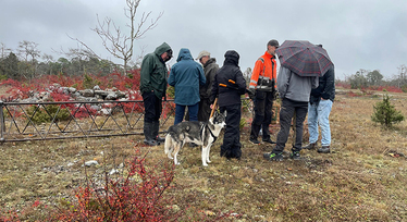 En grupp människor och en hund står samlade utomhus i naturen.