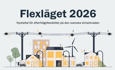 Framsida sammanställning Flexläget 2026. Illustration av ett samhälle med eldistribution, vindkraftverk, solceller, elbilar och fastigheter. 